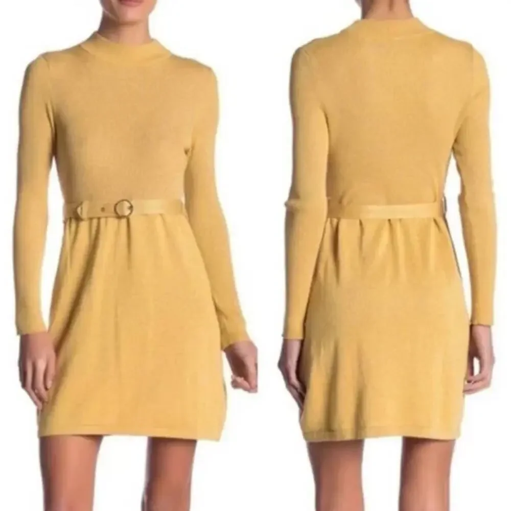 Free People French Girl Gold Metallic Mini Sweater Dress - L